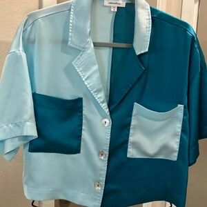 Retro Y2K blue green color block cropped button front top size M